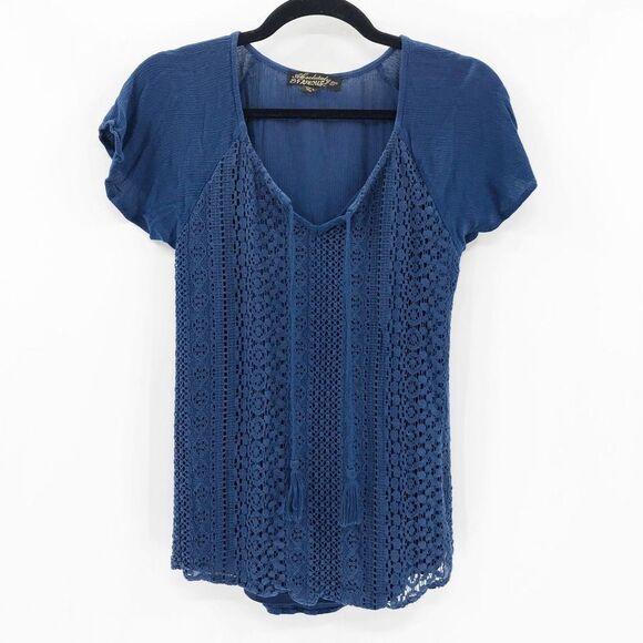 Absolutely Famous Women's Blue Lace Tassel Tie Peasant Sleeve Boho Blouse Sz S - Picture 1 of 5